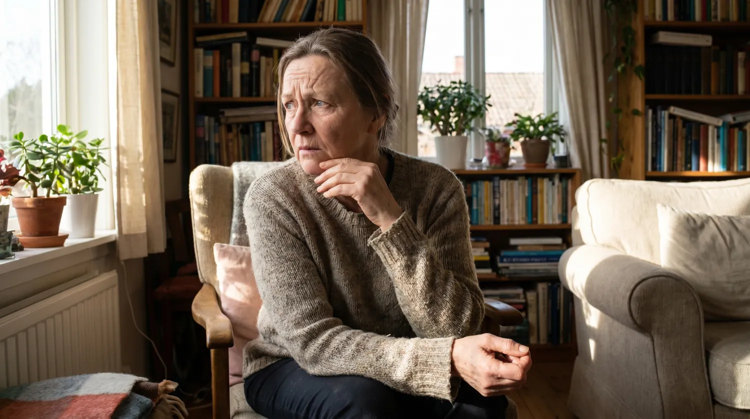 Personne dubitative et prudente, la main sur le menton
