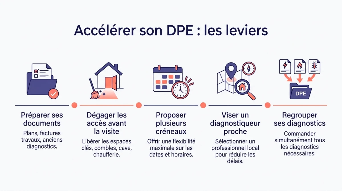 Infographie des leviers pour accélérer son DPE : préparer ses documents, dégager les accès, proposer des créneaux, viser la proximité, regrouper les diagnostics