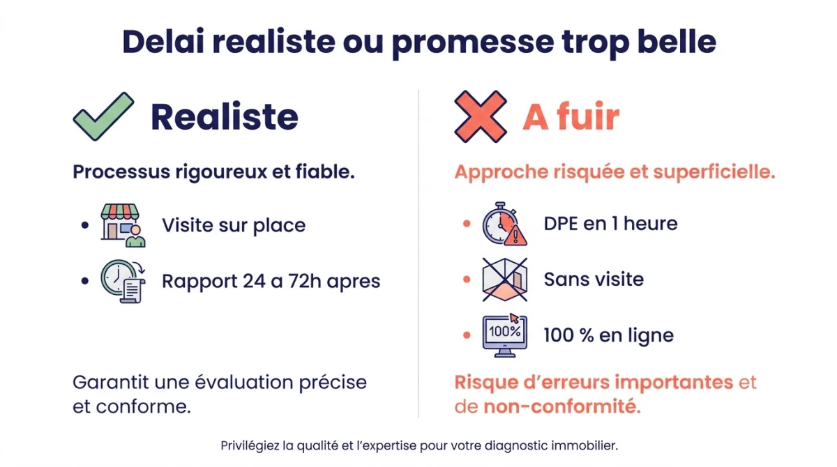 Infographie comparant un délai réaliste de DPE (visite + rapport sous 24 à 72h) et les fausses promesses express sans visite