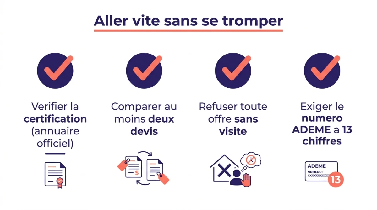 Infographie pour aller vite sans se tromper : vérifier la certification, comparer deux devis, refuser toute offre sans visite, exiger le numéro ADEME