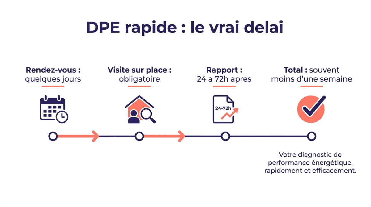 Infographie du vrai délai d'un DPE rapide : rendez-vous en quelques jours, visite sur place obligatoire, rapport sous 24 à 72h