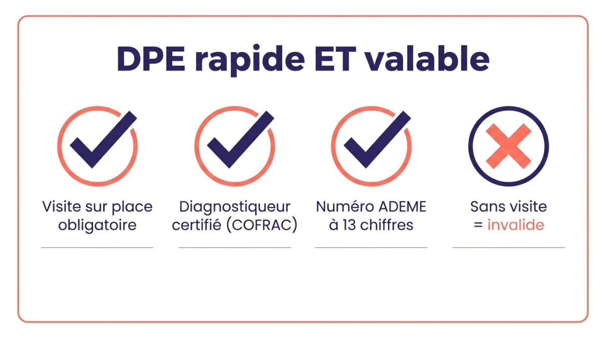 Infographie d'un DPE rapide et valable : visite sur place, diagnostiqueur certifié COFRAC, numéro ADEME à 13 chiffres, sans visite égale invalide