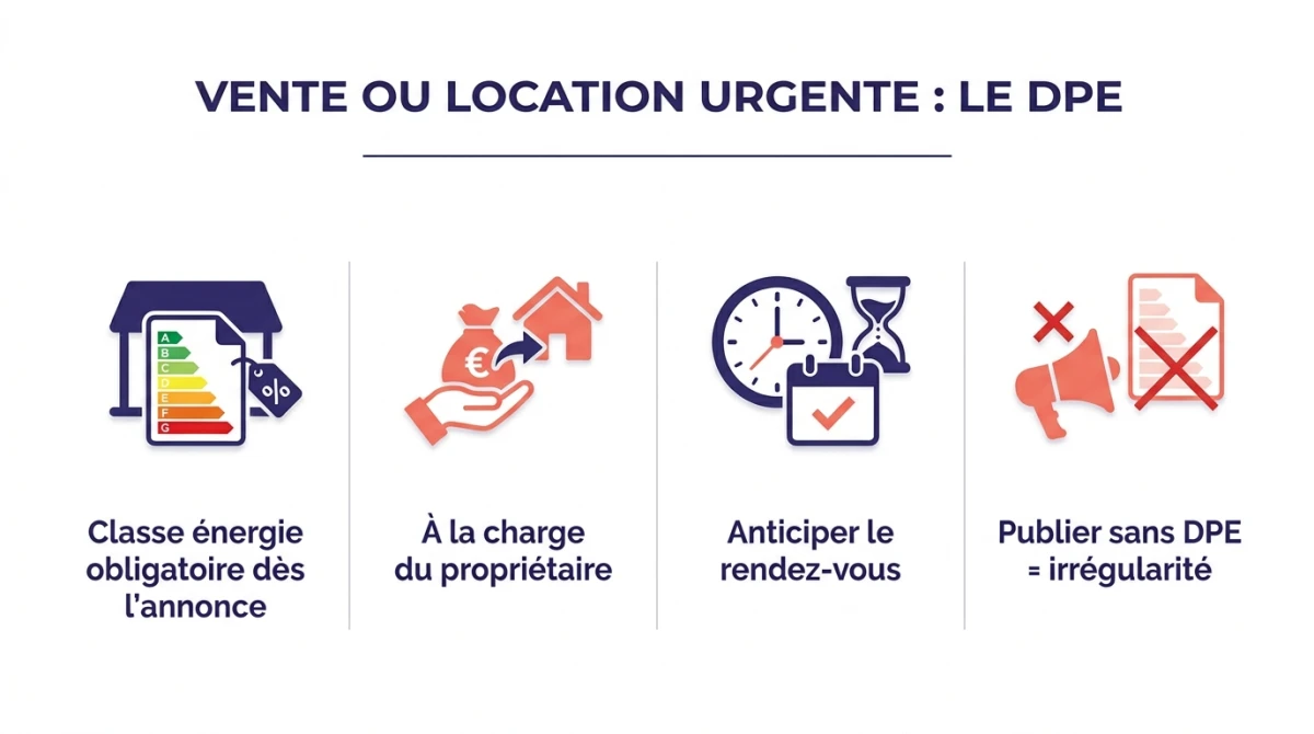 Infographie du DPE pour une vente ou location urgente : classe énergie dès l'annonce, à la charge du propriétaire, anticiper le rendez-vous, publier sans DPE égale irrégularité