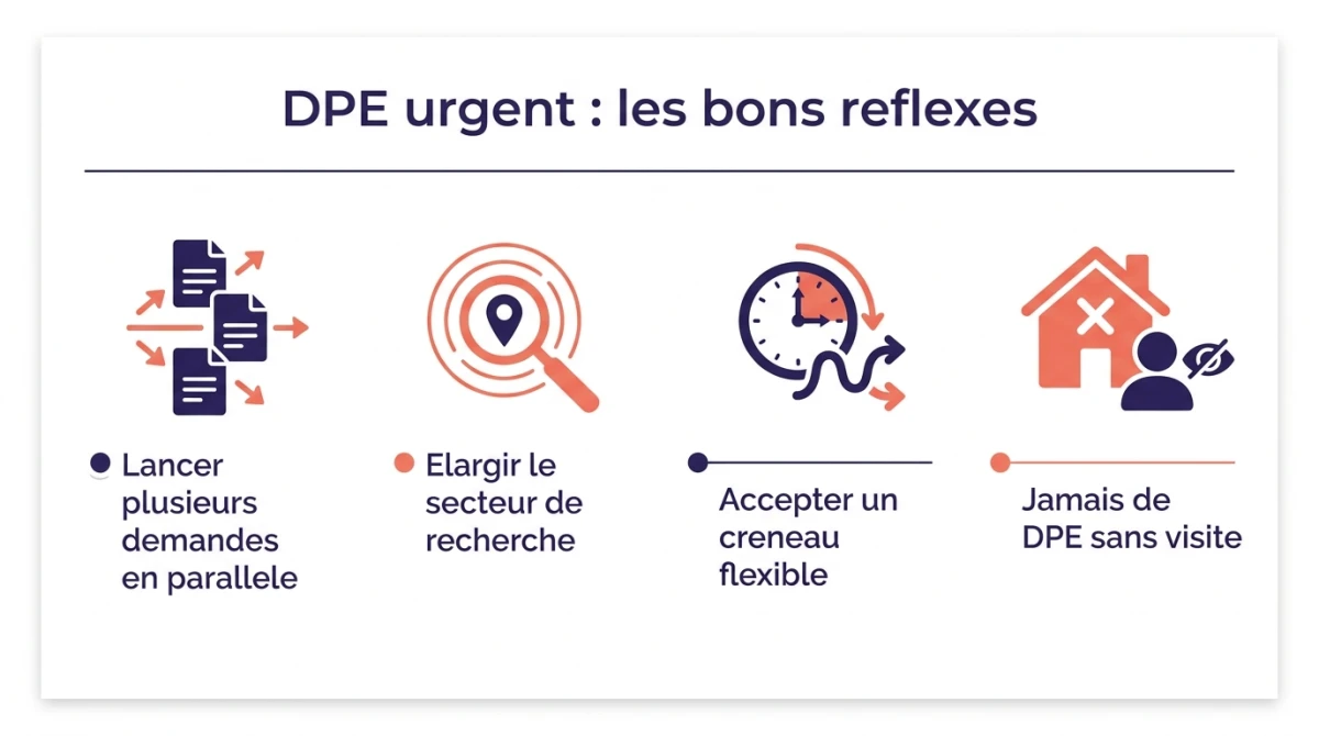 Infographie des bons réflexes pour un DPE urgent : lancer plusieurs demandes, élargir le secteur, accepter un créneau flexible, jamais de DPE sans visite